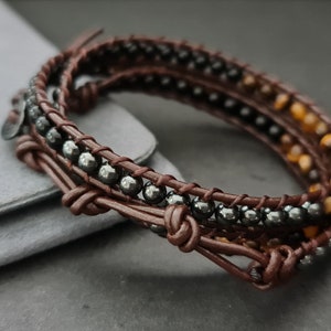 Onyx Hematite Tiger eye Brown  Leather Wrap Bracelet/Anklet,Leather Wrap, Unisex Bracelet, Men Bracelet, Women Bracelet