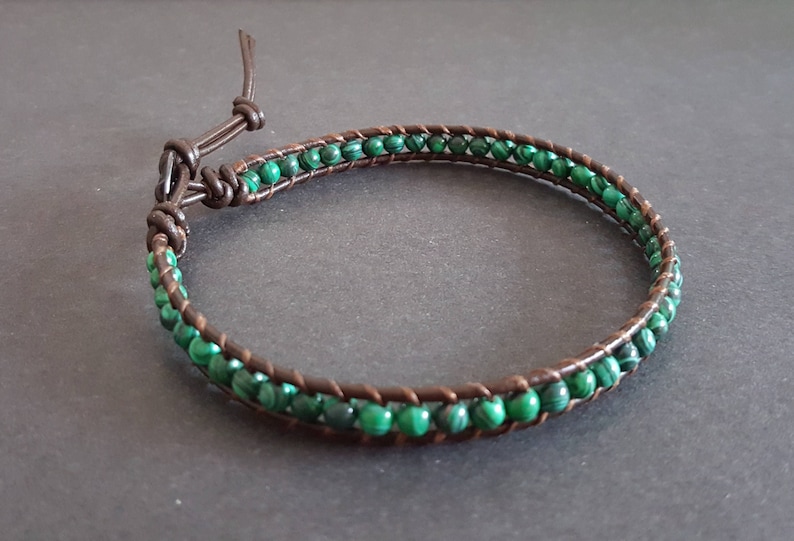 Malachite Green Beads Leather Wrap Bracelet Anklet, Leather Bracelet, Beaded Bracelet, Women Anklet , Unisex Bracelet,Men Bracelet image 1