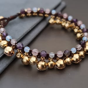 Jingle Moonstone Rose Quartz Amethyst  Women Jewelry Anklet Bracelet, Stone  Bracelets, Bell Bracelets