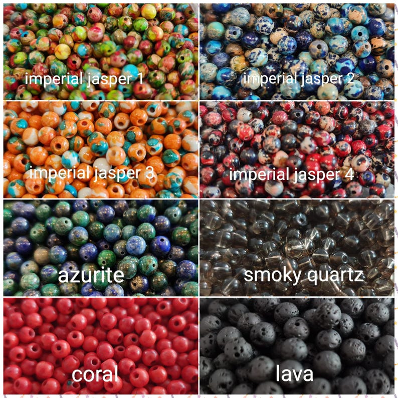 May include: Assortment of colorful gemstone beads, including imperial jasper, azurite, smoky quartz, coral, and lava. The beads are arranged in rows, with each row labeled with the type of bead.