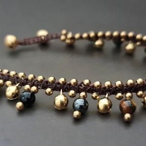 6mm Round Stone Onyx Hematite Tiger Eye Brass Bell Anklet,Beaded Anklet, Beads Bracelet, Metal Beads,Women Anklet image 4
