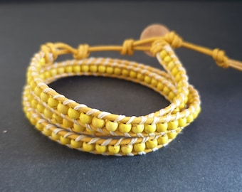 Monday Yellow Howlite  Leather  Wrap Bracelet/Anklet, Leather Wrap,Wrap Bracelet