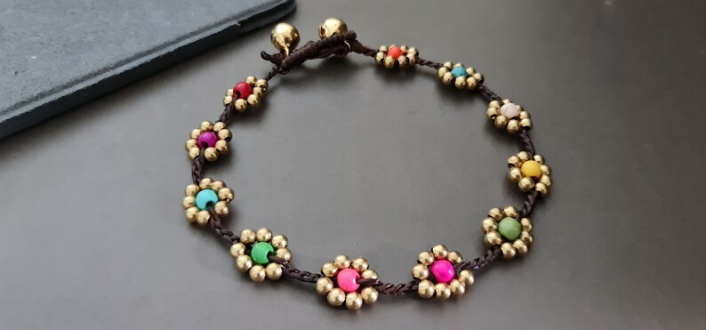 Rainbow Brass Flower Anklet Bracelet, Beaded Anklet, Women Anklet, Brass Anklet,Choker Anklet image 2