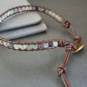Pulsera de cuero con fluorita para el tobillo, pulsera de cuero, pulsera de cuentas, pulsera para el tobillo para mujer, pulsera unisex, pulsera para hombre