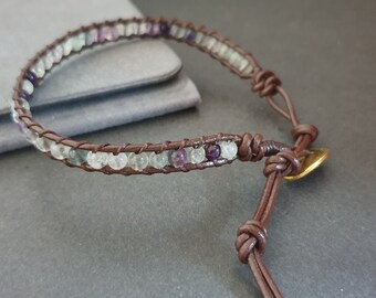 Fluorite  Leather Wrap Bracelet Anklet, Leather Bracelet, Beaded Bracelet, Women Anklet , Unisex Bracelet,Men Bracelet