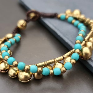 Belly Dance Mixed Bell  Stone Classic Brass Gold Anklet,Beaded Anklet, Beads Bracelet, Metal Beads,Women Anklet