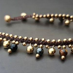 6mm Round Stone Onyx Hematite Tiger Eye Brass Bell Anklet,Beaded Anklet, Beads Bracelet, Metal Beads,Women Anklet image 3