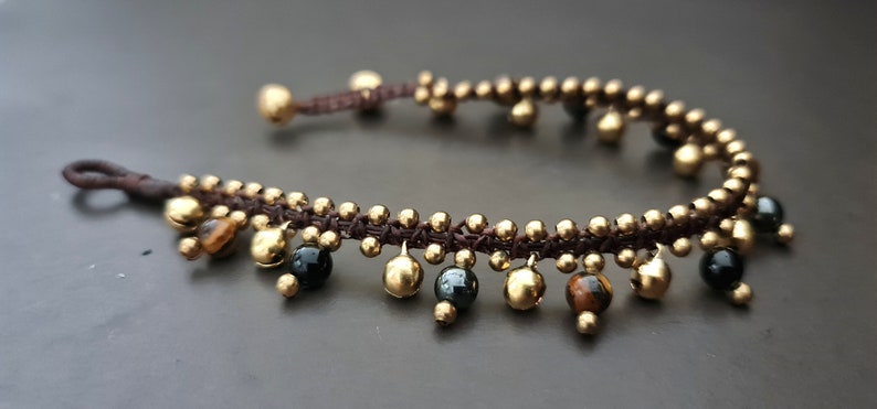 6mm Round Stone Onyx Hematite Tiger Eye Brass Bell Anklet,Beaded Anklet, Beads Bracelet, Metal Beads,Women Anklet image 3