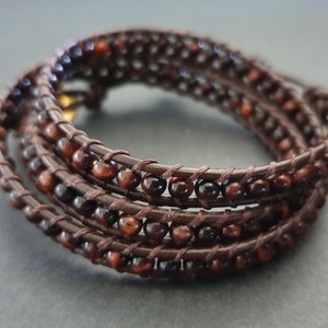 Red Tiger Eye Brown Leather Wrap Bracelet/Anklet,Leather Wrap, Unisex Bracelet, Men Bracelet, Women Bracelet image 4