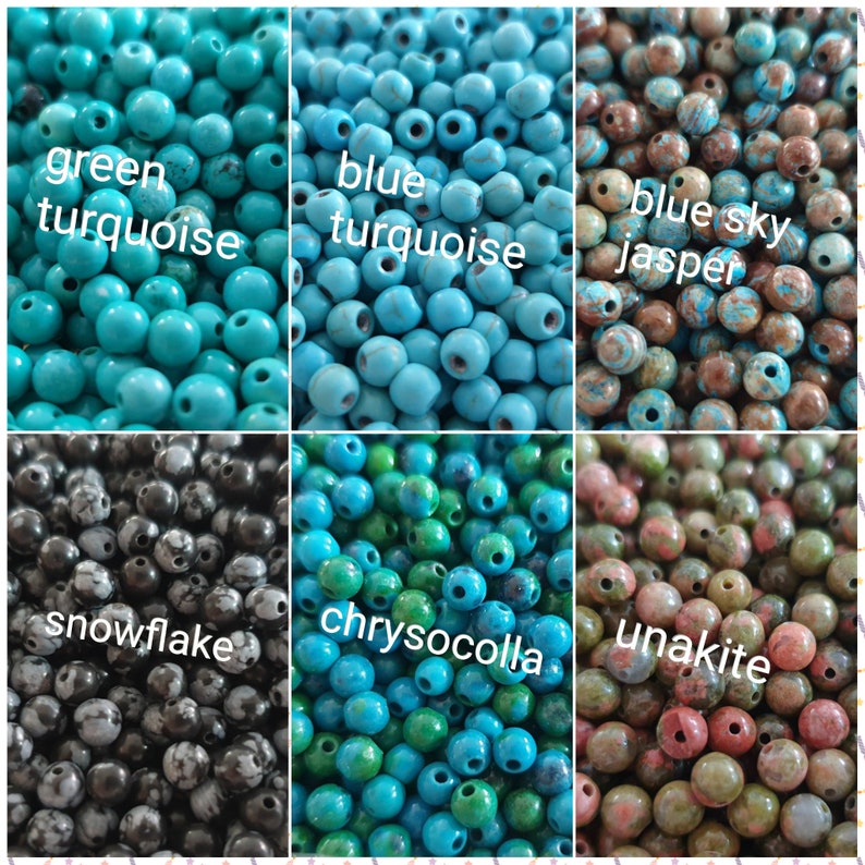 May include: Assortment of round gemstone beads in various colors and patterns, including green turquoise, blue turquoise, blue sky jasper, snowflake obsidian, chrysocolla, and unakite.