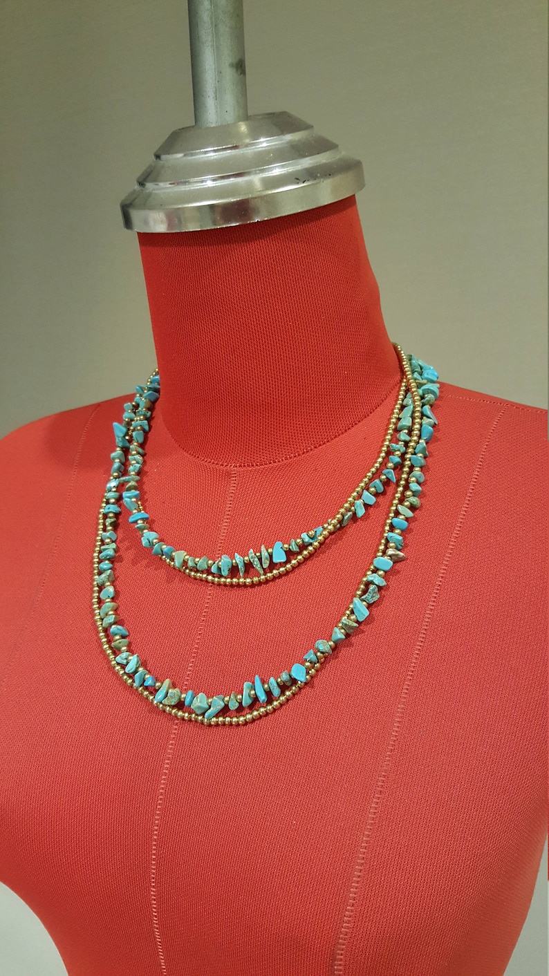 Double Turquoise Chain Brass Long Necklace