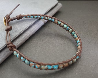 4mm Stone  Leather Wrap Bracelet Anklet, Leather Bracelet, Beaded Bracelet, Women Anklet , Unisex Bracelet,Men Bracelet (LBR07)