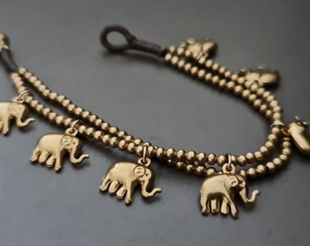 Silver  And Gold Chain Elephant   Bracelet Anklet, Beads Bracelet, Double Chain