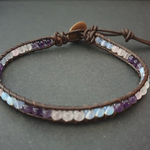 Amethyst Moonstone Rose Quartz  Woven Brown Leather  Bracelet Anklet (LB02)