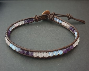 Amethyst Moonstone Rose Quartz  Woven Brown Leather  Bracelet Anklet (LB02)