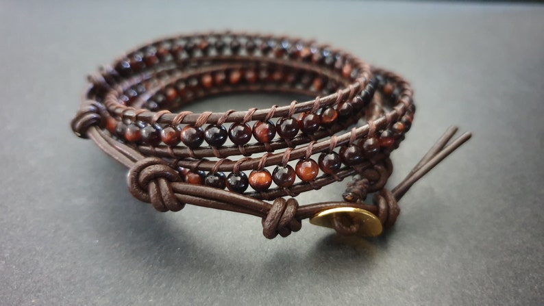 Red Tiger Eye Brown Leather Wrap Bracelet/Anklet,Leather Wrap, Unisex Bracelet, Men Bracelet, Women Bracelet image 3