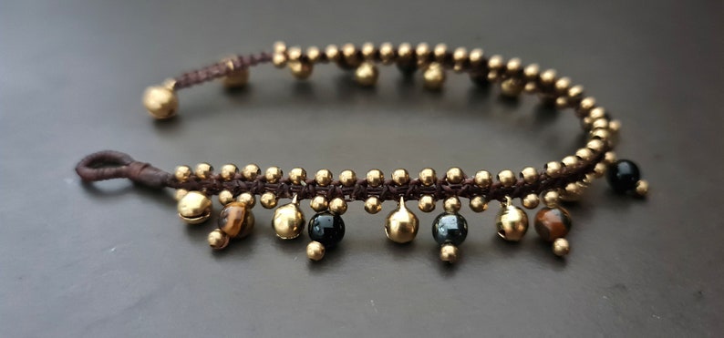 6mm Round Stone Onyx Hematite Tiger Eye Brass Bell Anklet,Beaded Anklet, Beads Bracelet, Metal Beads,Women Anklet image 5