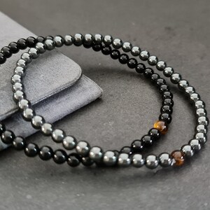 Set of 2 Jet Black Hematite Onyx Tiger eye Round Elastic Bracelet, Anklet Beaded Bracelets, Women Bracelet,Unisex Bracelet