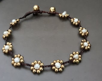 Daisy Pearl Flower Brass Beads Anklet Bracelet,Women Bracelet, Pearl Bracelet