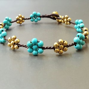 Blume Türkis Messing Perlen Armband Fußkette, Perlen Armbänder, Wickelfußkette, Frauen Fußkette, Unisex Armband