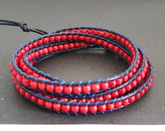 Red Coral Beads Dark Blue  Leather  Wrap  Bracelet/Necklace, Leather Wrap, Beaded Bracelet, Unisex Bracelet