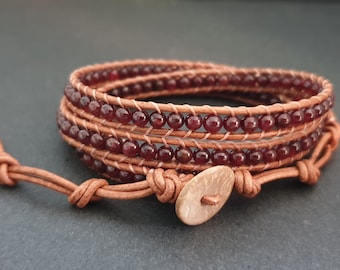 4 mm Stein Braun Leder Wrap Unisex Armband / Fußkettchen, Stein Armbänder **Das Foto zeigt Granat "