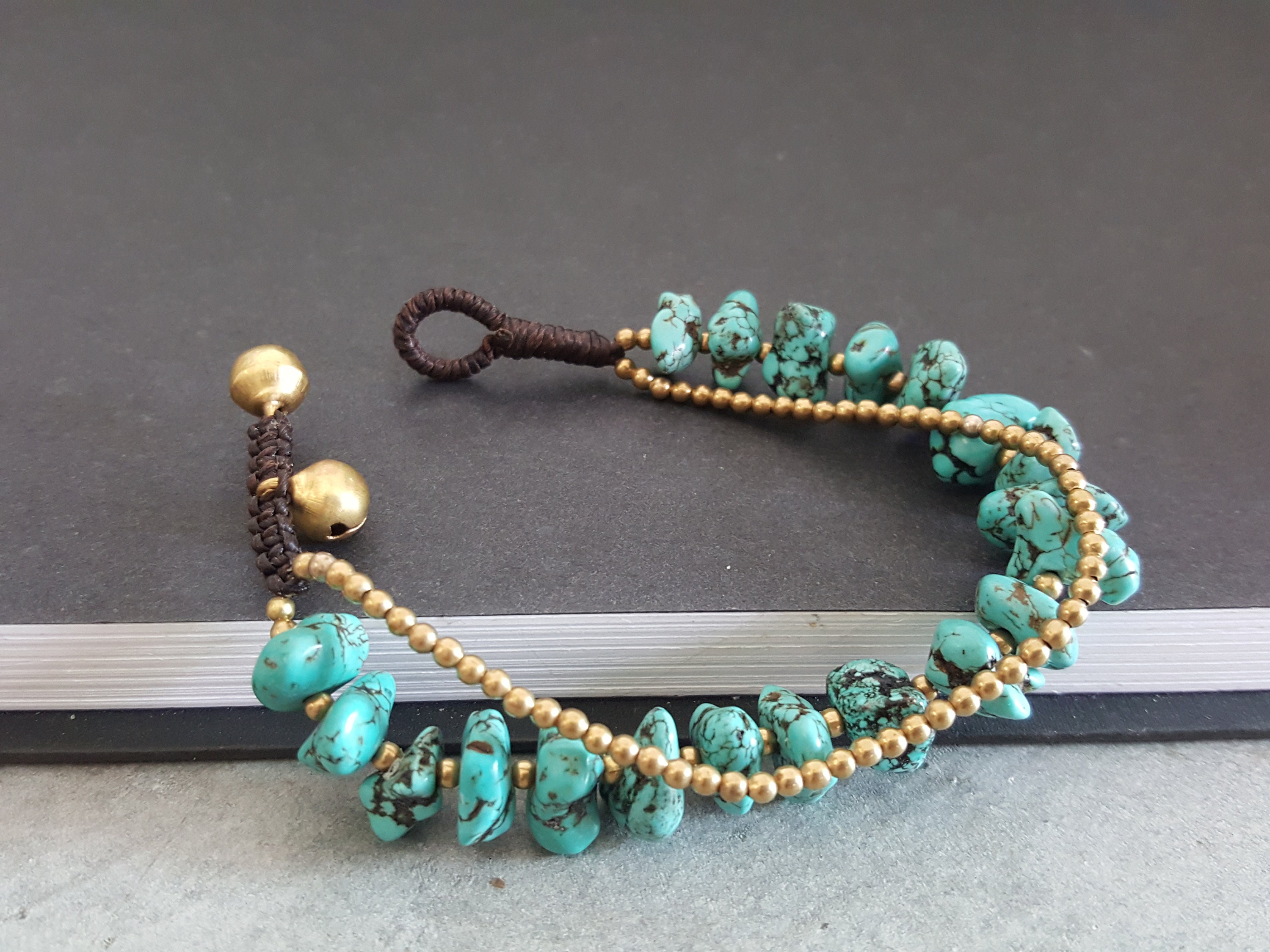 Chip Turquoise Brass Chain Bracelet, Beaded Bracelet,nugget
