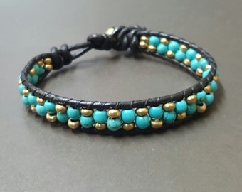 Turquoise Brass Beads  Leather Wrap Bracelet Anklet, Leather Bracelet, Beaded Bracelet, Women Anklet , Unisex Bracelet,Men Bracelet