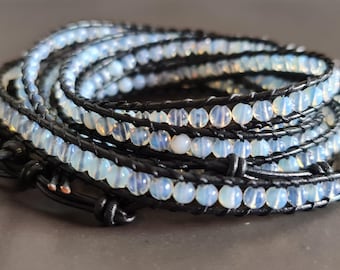 Unisex Moonstone Leather Wrap Bracelet Anklet Leather Wrap, Moonstone Bracelet, Unisex Bracelet (WARP02)