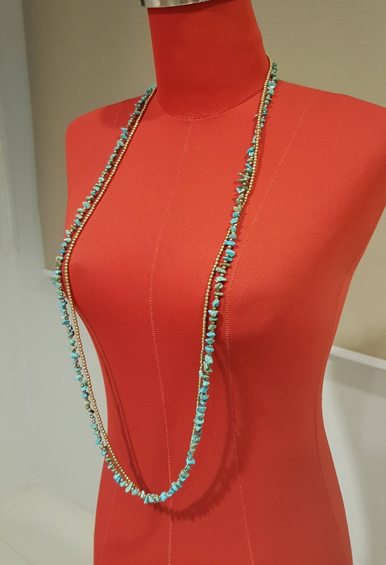 Double Turquoise Chain Brass  Long Necklace