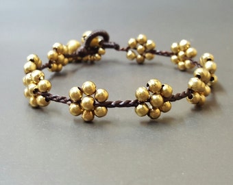 Brass Beaded Flower Braided Women Hobo Jewlery Bracelet Anklet, Unisex Bracelet, Gift for Girls