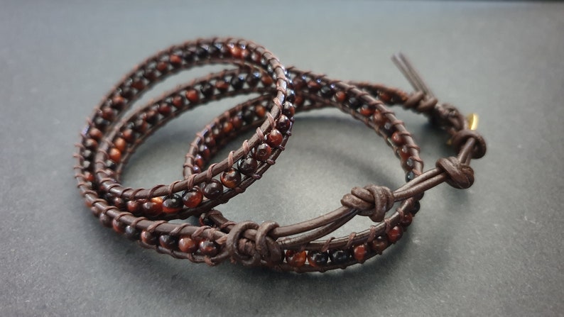 Red Tiger Eye Brown Leather Wrap Bracelet/Anklet,Leather Wrap, Unisex Bracelet, Men Bracelet, Women Bracelet image 2