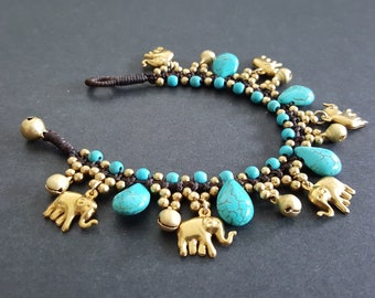 Turquoise Brass Beads Elephant Charm  Bracelet