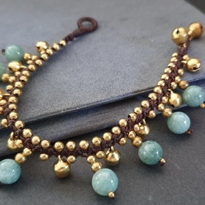 Jade  Brass Bells Bracelet Anklet,Beaded Anklet, Beads Bracelet, Women Anklet,Cat Collars, Stone, Bells, Brass Beads, Chain, Handmade, Jade