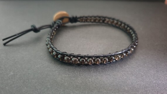 Round Smoke Quartz Leather Wrap Bracelet Anklet, Leather Bracelet