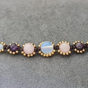 Amethyst Rose Quartz MoonStone Woven Beaded Brass Bracelet Anklet Women Jewlery, Gifts for Wife, Beaded Bracelets, Gifts for Girls
