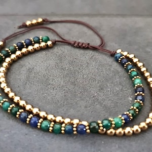 Azurite Malachite Beaded Brass Chain Adjustable Women Men Jewelry Bracelet Anklet, Moving Anklet, Girl Bracelets