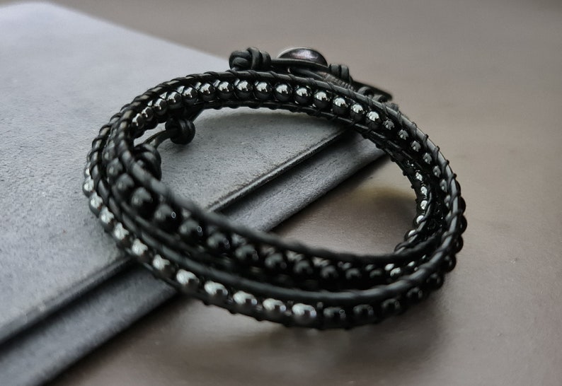 Jet Black Hematite Onyx Black Leather Wrap Bracelet/Anklet,Leather Wrap, Unisex Bracelet, Men Bracelet, Women Bracelet image 3