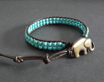 Layer Turquoise Leather Elephant  Bracelet