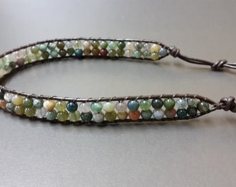 Double  Layer  4mm Stone Beads Brown Leather  Anklet Bracelet, Beaded Bracelets, Women Anklet, Leather Bracelet, Bangles