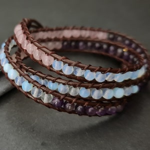 Amethyst Rose quartz Moonstone Brown  Leather Wrap Bracelet/Anklet,Leather Wrap, Unisex Bracelet, Men Bracelet, Women Bracelet