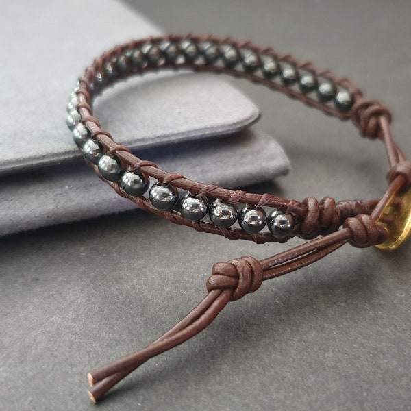 Hematite  Leather Wrap Bracelet Anklet, Leather Bracelet, Beaded Bracelet, Women Anklet , Unisex Bracelet,Men Bracelet