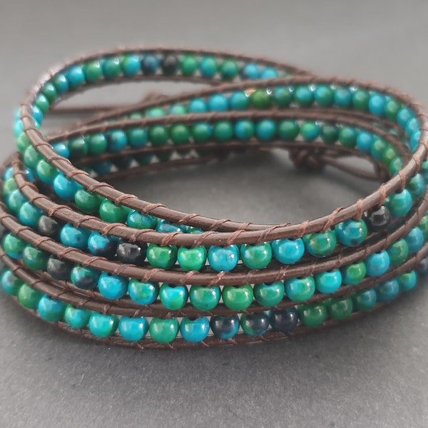 Wrap Chrysocolla Brown Leather Wrap Bracelet/Cheville, Cuir Wrap, Bracelet Unisexe, Bracelet Homme, Bracelet Femme (WRAP01)