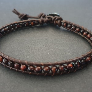 Pulsera de cuero con ojo de tigre rojo, pulsera de cuero, pulsera de cuentas, pulsera para mujer, pulsera unisex, pulsera para hombre (LBR11)