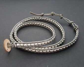 Brass Beads Silver Tone  Leather Wrap  Bracelet/Anklet, Silver Beads Bracelet, Leather Wrap, Gray Leather, Unisex Wrap Bracelet