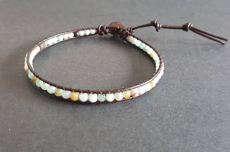 Amazonite Leather Wrap Bracelet Anklet, Leather Bracelet, Beaded Bracelet, Women Anklet , Unisex Bracelet,Men Bracelet image 1