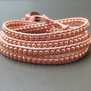 Pink Rose Gold  Leather Wrap Bracelet/Anklet,Leather Wrap, Unisex Bracelet, Men Bracelet, Women Bracelet, Beaded Bracelet