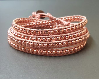 Pink Rose Gold  Leather Wrap Bracelet/Anklet,Leather Wrap, Unisex Bracelet, Men Bracelet, Women Bracelet, Beaded Bracelet
