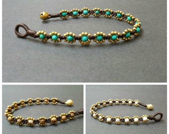 4mm Round Stone Beads Flower  Mini Brass  Bracelet Anklet, Beaded Bracelet, Women Anklet,