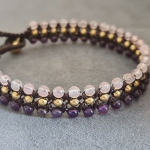 Dreifach Amethyst Rosenquarz Messing Armband (BA05)